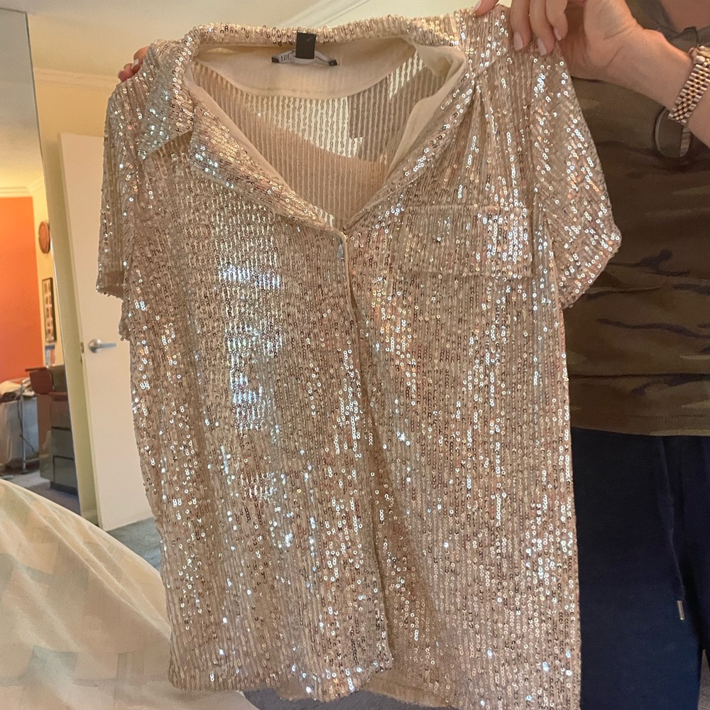 Sequin button down T NWT